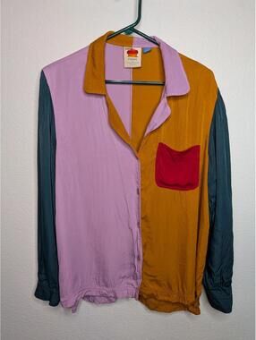 Farm Rio for Anthropologie Colorblock Button Down Shirt Large Viscose